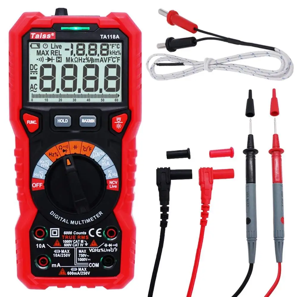 6000 Counts Auto-Ranging Multi-Function Multimeter NCV, AC, DC Current Detector Diode Electronic Tester with LCD Backlight Red
6000 Counts Auto-Ranging Multi-Function Multimeter NCV, AC, DC Current Detector Diode Electronic Tester with LCD Backlight Red