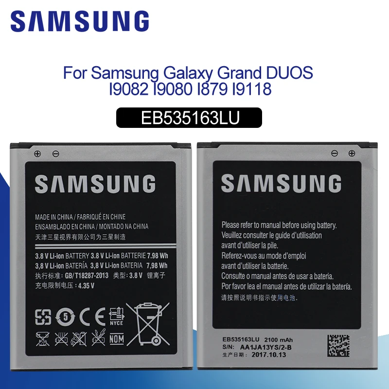SAMSUNG Original Mobile Phone Battery 2100mAh EB535163LU For Samsung I9082 Galaxy Grand DUOS I9080 I879 I9118 Neo+ i9168 i9060
SAMSUNG Original Mobile Phone Battery 2100mAh EB535163LU For Samsung I9082 Galaxy Grand DUOS I9080 I879 I9118 Neo+ i9168 i9060