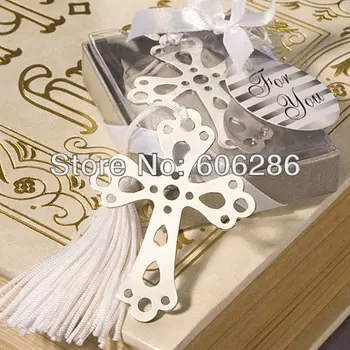 

free shipping 60pcs/lot metal baby showers gifts of christening cross bookmark with tassel in gift box baby baptism party favors