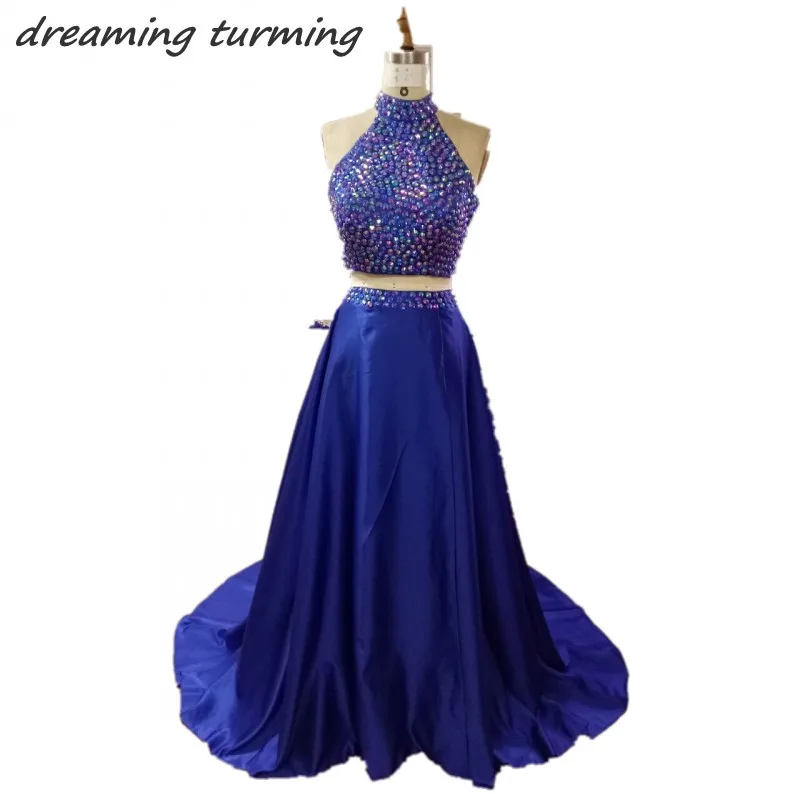 Фото Sexy Long 2/Two Pieces Royal Blue Prom Dresses 2019 A Line Crystal Beads Backless Evening Formal Gowns vestido de formatura | Свадьбы и