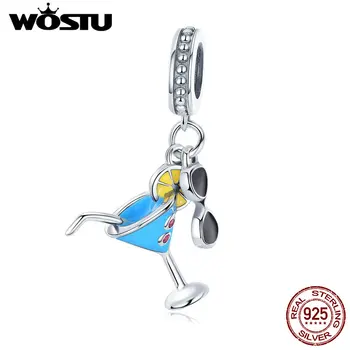 

WOSTU Summer Style 925 Sterling Silver Cold Drank & Sunglasses Dangle Charm Fit Original DIY Beads Bracelet S925 Jewelry BKC698