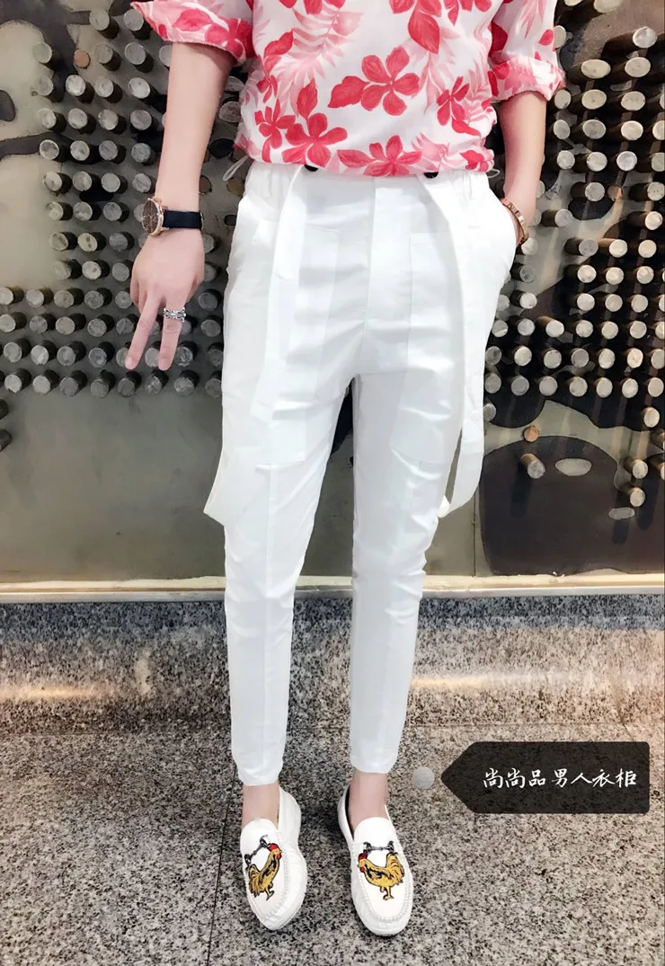 Новинка 2017 Мужская одежда Стильные повседневные белые штаны на лямках подтяжки