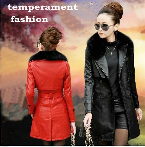 Image Women s leather trench coat winter warm long coat cultivate one s morality and cotton raccoon fur collar fur coat leather jacket