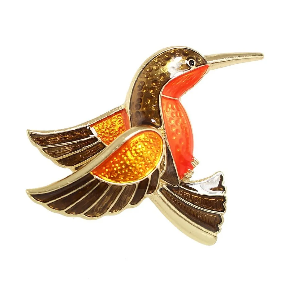 High Quality Jewelry Animal Brooch Gold-Color with Orange Bronze Enamel Cute Hummingbird Brooches for Fashion Lady | Украшения и