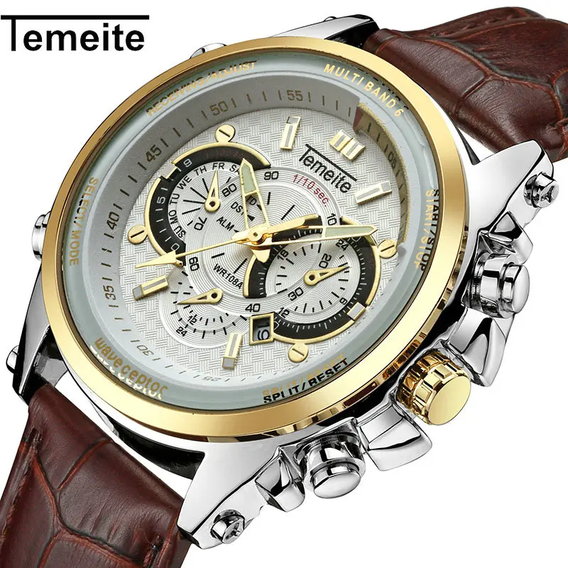 

TEMEITE Sports Casual Quartz Watch Men Leather Strap Sub-dials Decoration Luminous Hands Fashion Calendar Wrist Watches