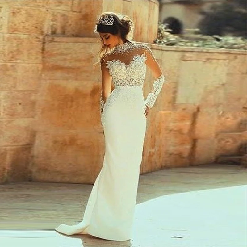 Special High Neck Wedding Dress Dazzling Beading Appliques Long Sleeve Mermaid Satin Backless Sheer Tulle Dubai Bridal | Свадьбы и