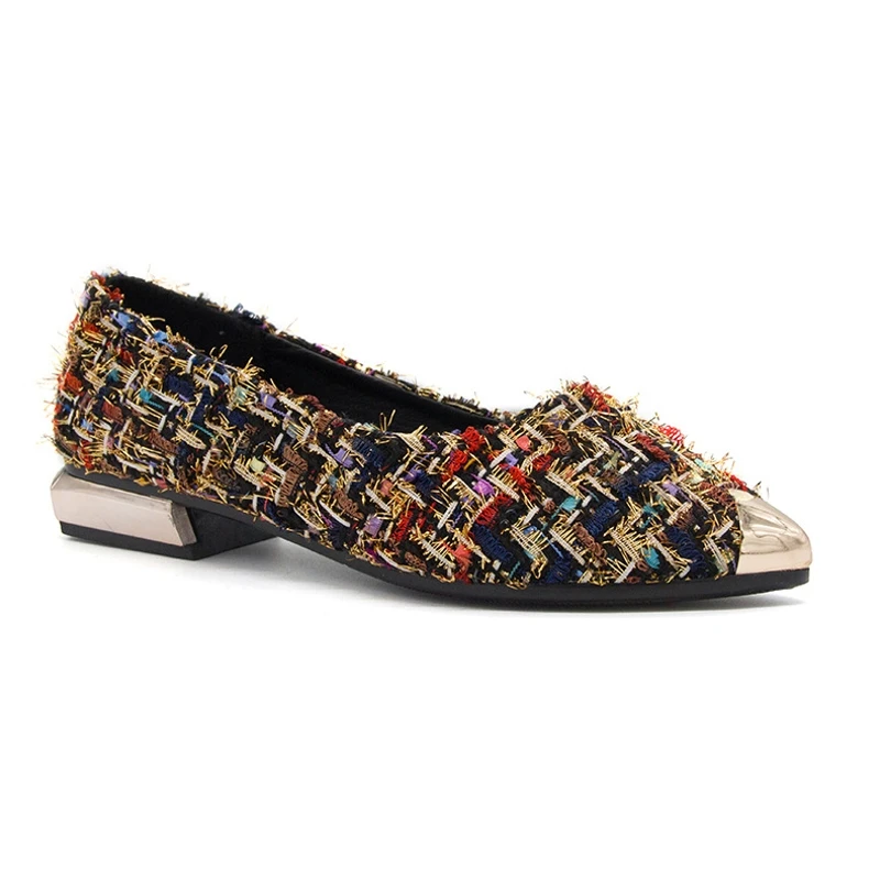 Spring Autumn Women Flats Pointed toe Loafers tweed Ballet Flats Woman Boat Shoes Plaid weave Slip on Shoes
