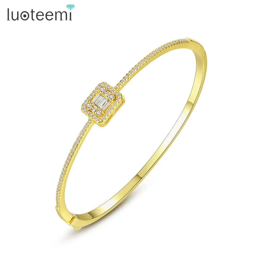 

LUOTEEMI New Thin Design Bangles for Women Wedding Dating Shiny CZ Gold Color Geometric Bracelet Simple Design Christmas Gift