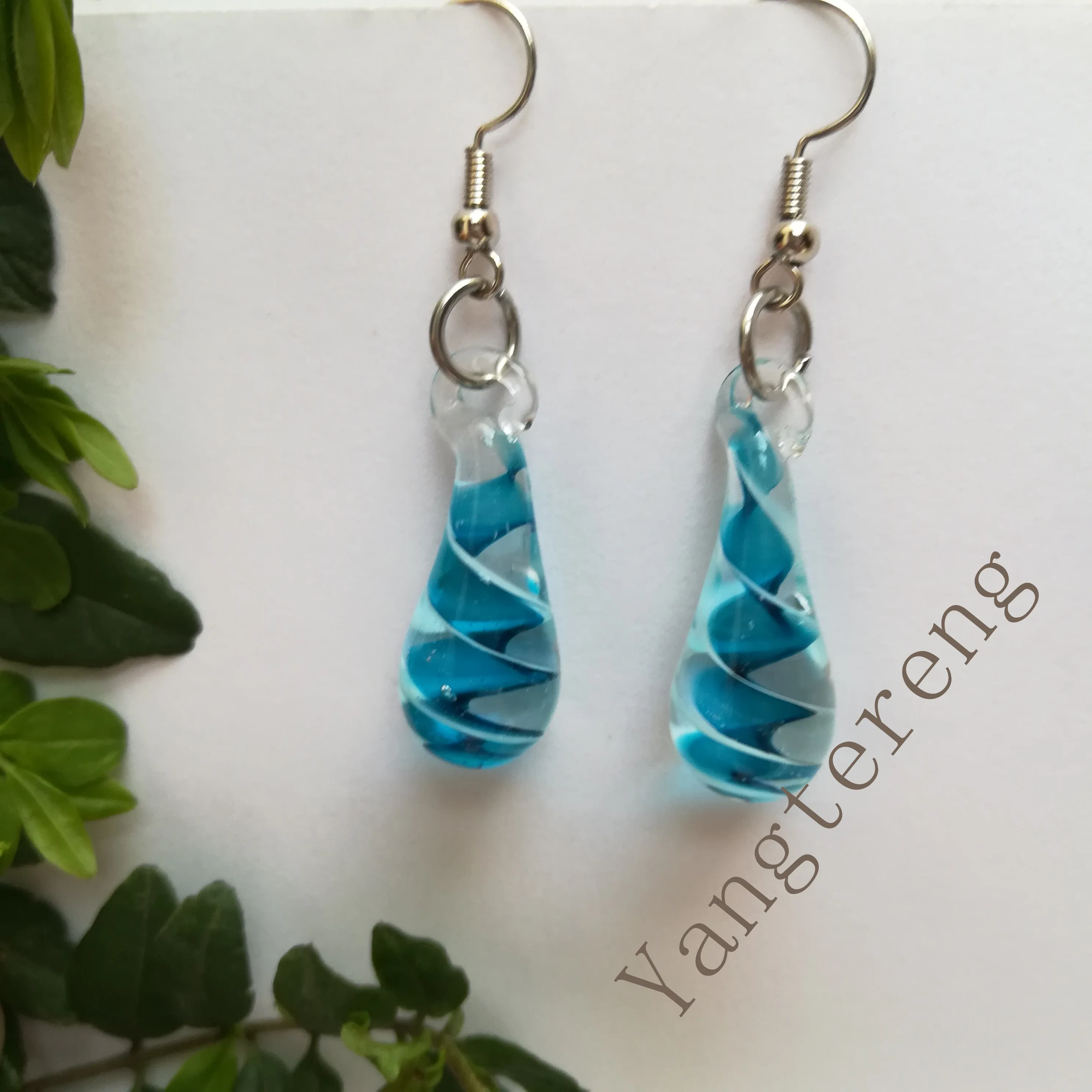 Murano inspired spiral flower glass drop earrings sky blue 
Murano inspired spiral flower glass drop earrings sky blue