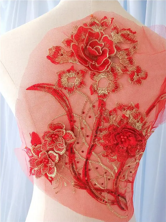 red/gold sequined lace applique, heavy bead lace applique, 3D lace applique with rhinestones, bridal lace applique
red/gold sequined lace applique, heavy bead lace applique, 3D lace applique with rhinestones, bridal lace applique
