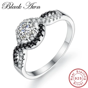 

[BLACK AWN] Genuine 925 Sterling Silver Jewelry Wedding Rings for Women Round Black&White Stone Ring C232