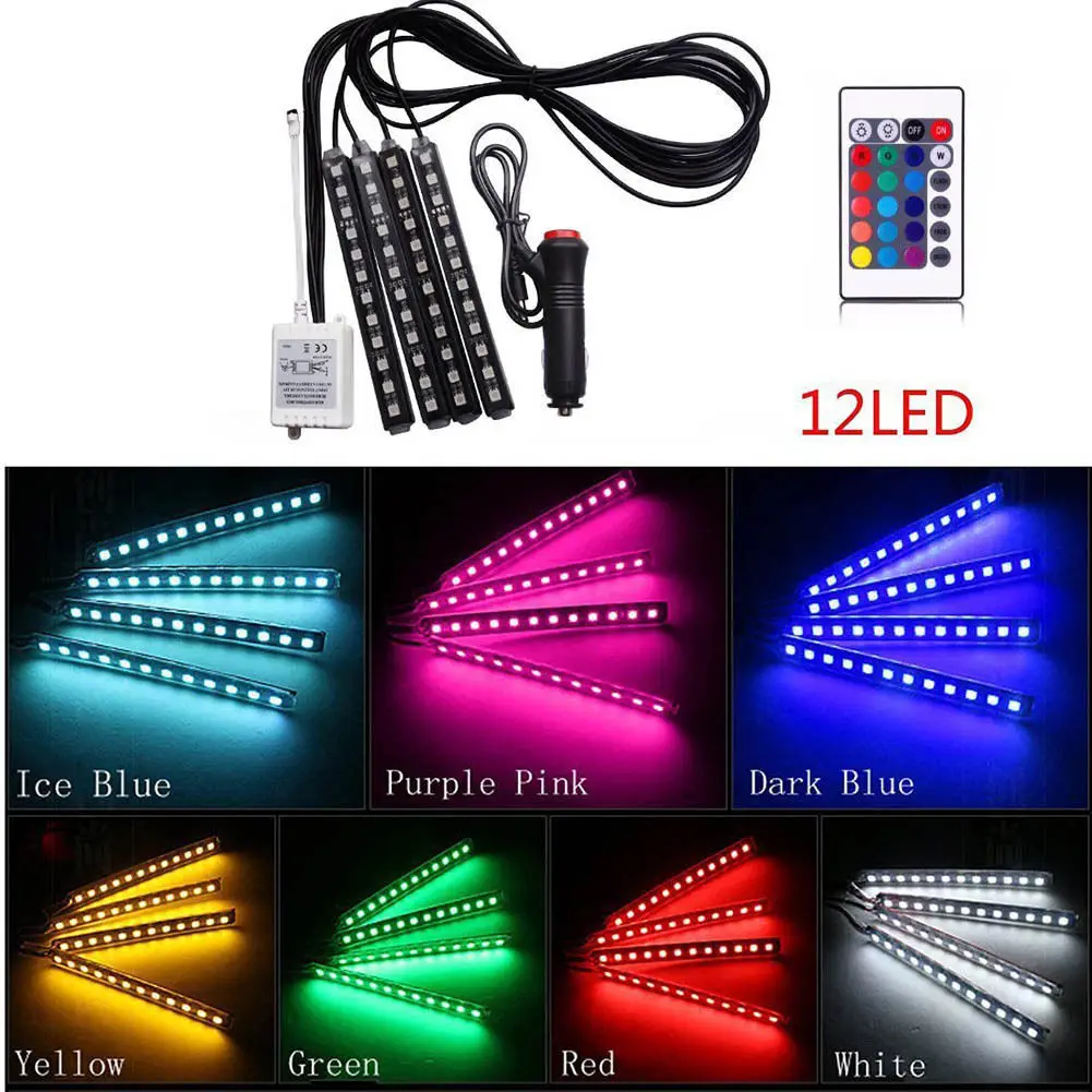RGB 4pcs/set 12LED Car Interior Atmosphere Neon Light Strip Wireless Remote Control