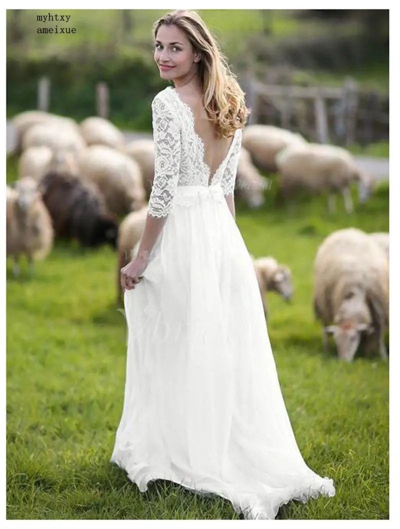 Three Quarter Sleeves Cheap Wedding Dress 2020 Backless Appliques Lace Elegant A Line Tulle Vintage Bride Dresses Gown | Свадьбы и