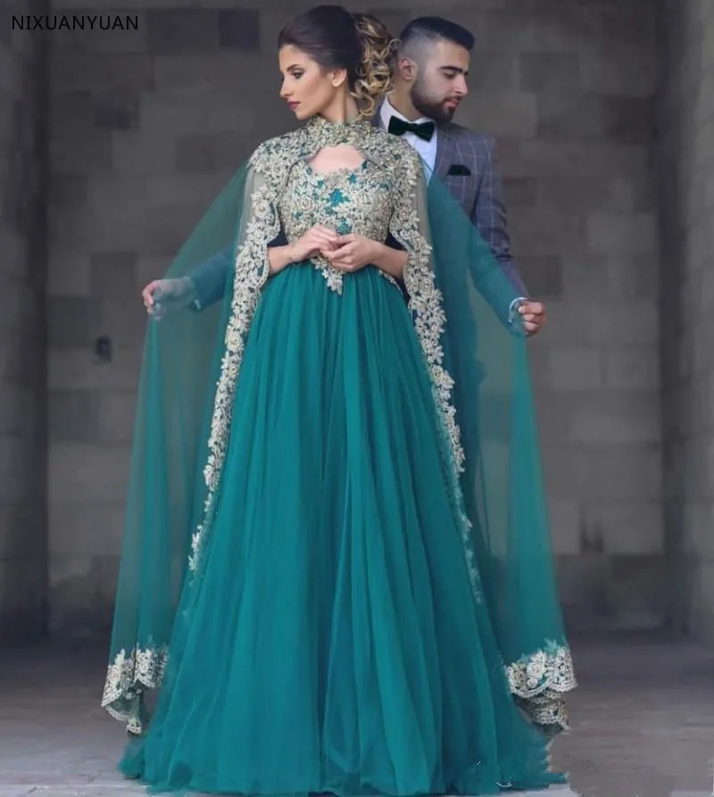Green Muslim Evening Dresses 2019 Tulle Golden Appliques with Detachable Cloak Islamic Dubai Saudi Arabic Long Evening Gown
Green Muslim Evening Dresses 2019 Tulle Golden Appliques with Detachable Cloak Islamic Dubai Saudi Arabic Long Evening Gown