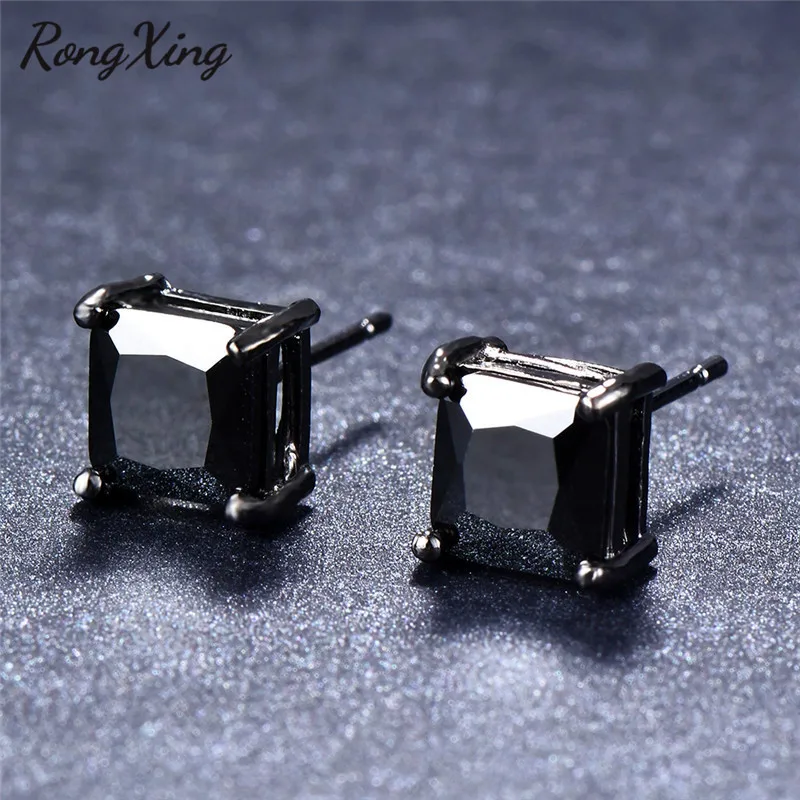 

RongXing Small Square Black Crystal Zircon Stud Earrings for Women Vintage Black Gold Filled Birthstone Earrings Wedding Jewelry