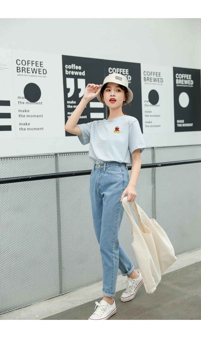 Sesame Street Elmo T Shirt Women Casual Harajuku Kawaii Cartoon Print Tshirt Loose Streetwear Tumblr Ulzzang Cotton Striped Tops (9)