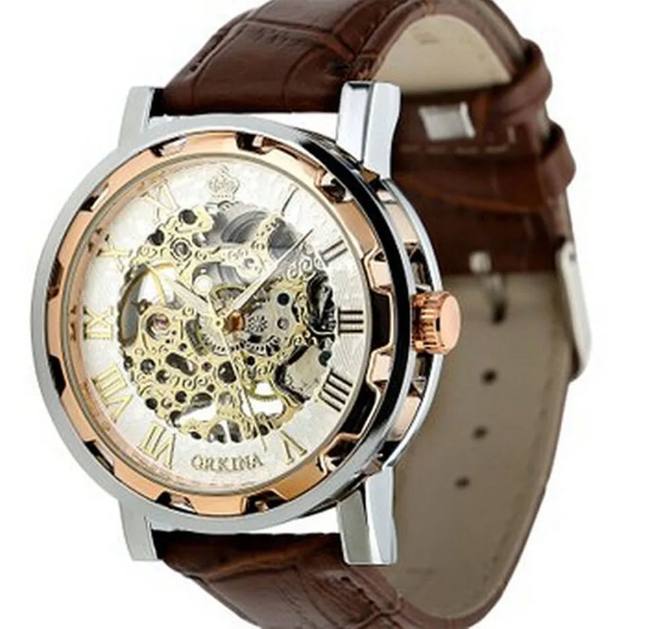 Xiniu Luxury Mans Leather Band Stainless Skeleton Mechanical Wrist Watch