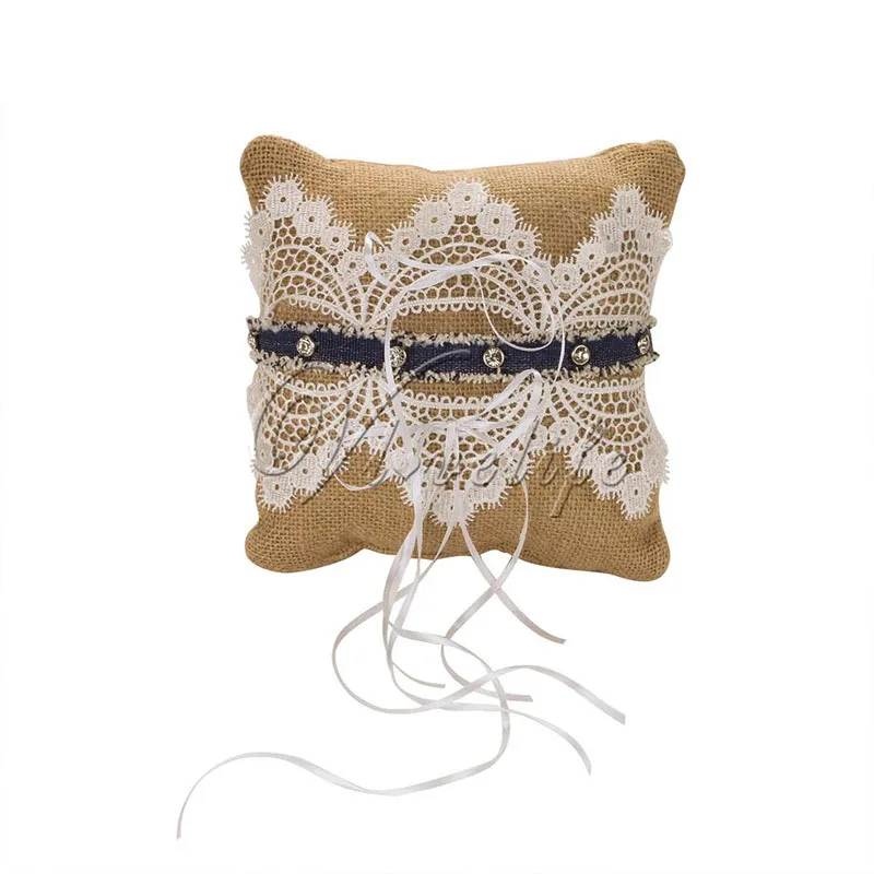 Handmade Burlap Wedding Ring Pillow with Lace Ribbon Bow 20cm Bridal Bearer Cushion for Event Party Favors Decor | Дом и сад