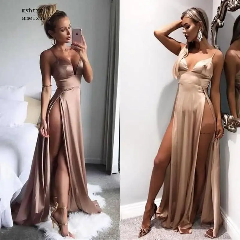 Dark Champagne Spaghetti Straps Floor Length Sexy Side Slit Silk Satin Evening Dresses Simple Style Gowns Cheap Plus Size Gown
Dark Champagne Spaghetti Straps Floor Length Sexy Side Slit Silk Satin Evening Dresses Simple Style Gowns Cheap Plus Size Gown