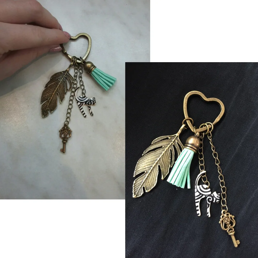 Doreen Box Antique Bronze Key Chains&Key Rings vintage feather heart Key Pendant Stripe Cat Tassel Pendants Mint Green Keychain 6