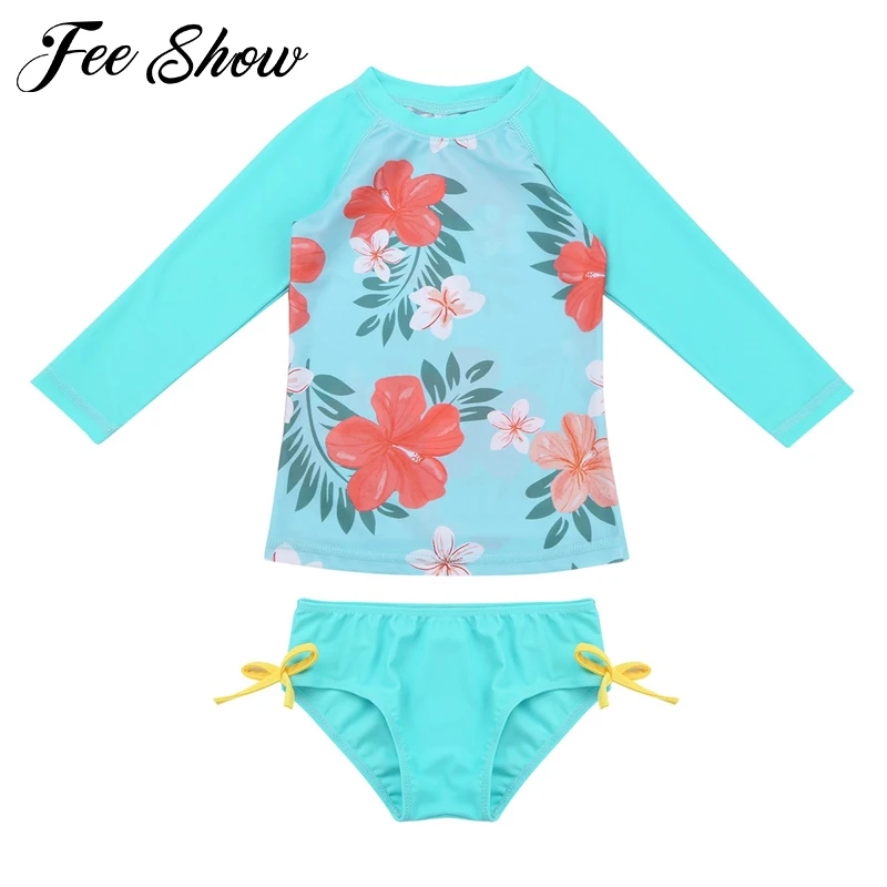 FEESHOW Kids Baby Girls Floral Long Sleeve Rash Guard Swimsuit Shirt Tops UV Sun Protective Swimwear Bathing Suit 