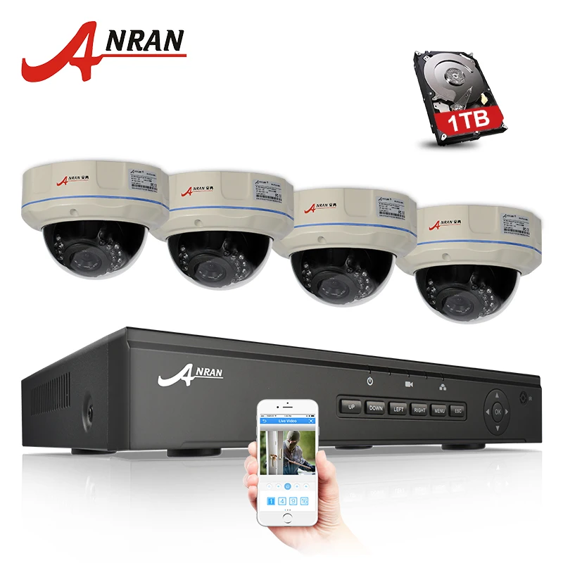 

ANRAN 4CH NVR 48V POE CCTV System Onvif P2P 1080P 2.0MP Ful HD Vandalproof Dome IR POE IP Camera Security Surveillance Kit