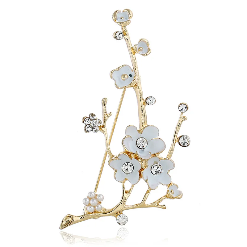 Plum Blossom Brooches for Women White Enamel Flower Golden Ally Bouquet Brooch