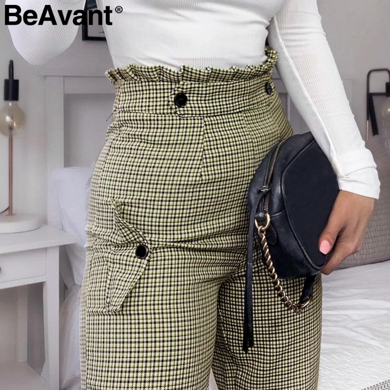 BeAvant Plaid high waist work pants women Ruffle zipper harem pants capris female Vintage button ladies autumn trousers 2019
BeAvant Plaid high waist work pants women Ruffle zipper harem pants capris female Vintage button ladies autumn trousers 2019