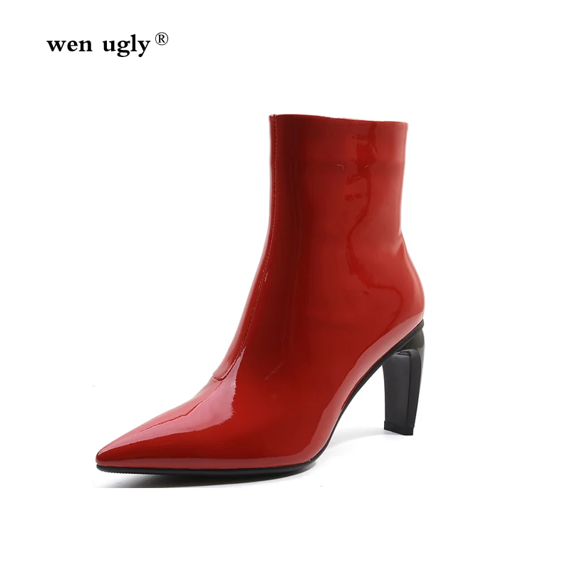 wen ugly Leather red and ankle boots ladies winter boots 2018 autumn women's shoes pointed high-heeled short boots size 35-42
