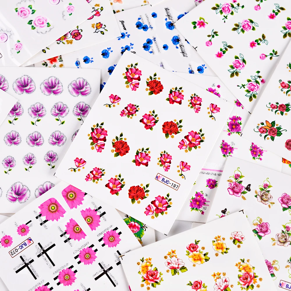 55pcs New Latest Nail Art Glitter Tips Flower Designs with Gold Powder Nail Art Sticker Decals Watermark DIY Manicur (2)