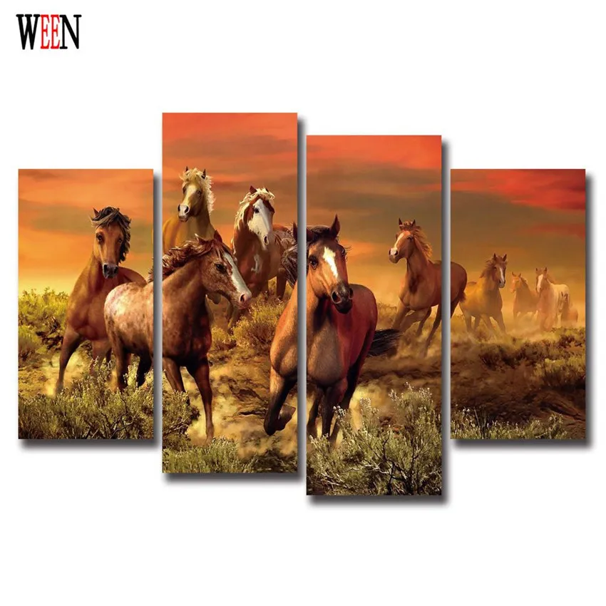 Image Cuadros Canvas Painting 4Pcs Running Horses Painting Modern Wall art Home Decorative poster Paint On Canvas Prints cheap gift