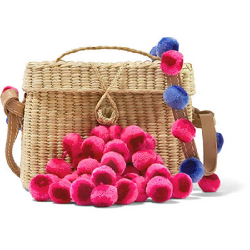 

Handmade Female Straw Bag Color Ball Women Summer Beach Bag Cover Basket Shape For Travel Lined with Handmade Drawstring Bag