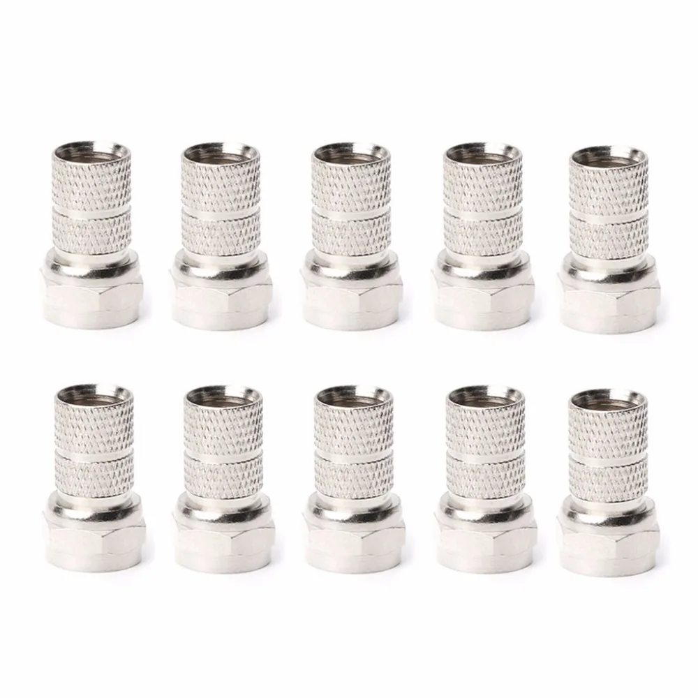 10Pcs F type Connector Satellite Plug for Coaxial Cable RG6 Satellite TV Antenna Silver Nickel Plating Connectors
10Pcs F type Connector Satellite Plug for Coaxial Cable RG6 Satellite TV Antenna Silver Nickel Plating Connectors