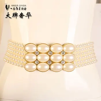 New Fashion Small gold buckle inlaying rhinestone pearl elastic Belt women's strap H450 Goods In Stock.
New Fashion Small gold buckle inlaying rhinestone pearl elastic Belt women's strap H450 Goods In Stock.