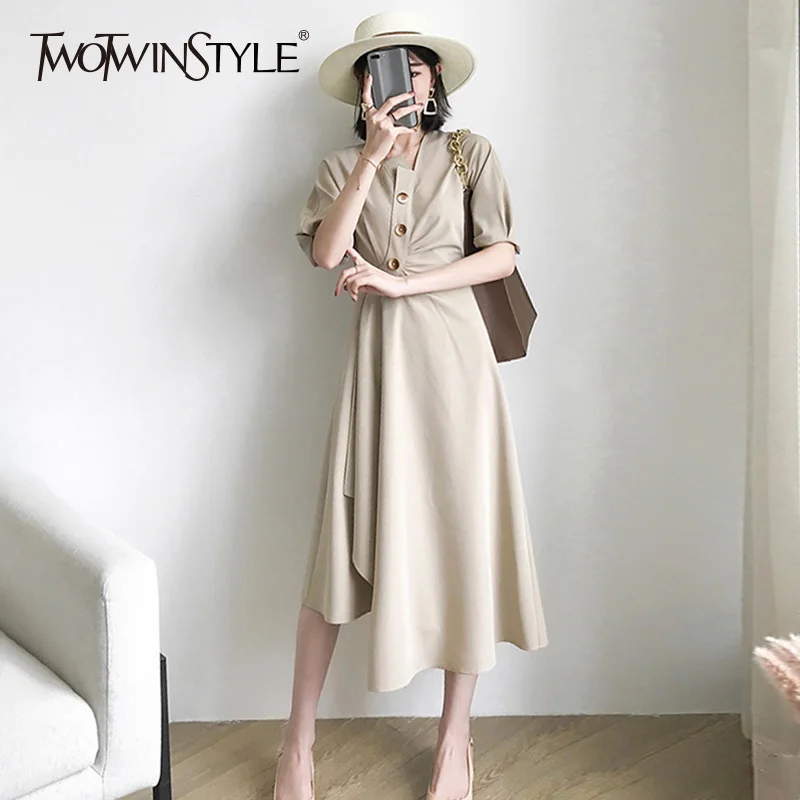 TWOTWINSTYLE Irregular Dress For Women V Neck Tunic High Waist Patchwork Long Dresses 2019 Summer Female Fashion Casual Clothing
TWOTWINSTYLE Irregular Dress For Women V Neck Tunic High Waist Patchwork Long Dresses 2019 Summer Female Fashion Casual Clothing