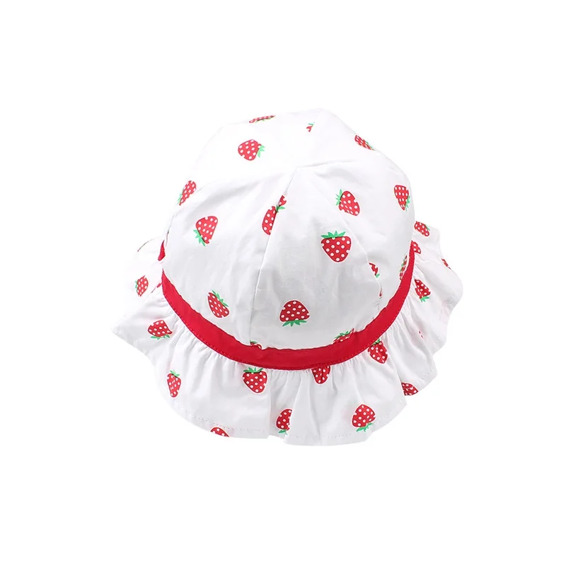 Bow Girls Panama Hat Stawberry Print Cute Hat For Girls Cotton Sweet Summer Sun Cap Wide Brim Bucket Cap Baby Girls Clothing (5)