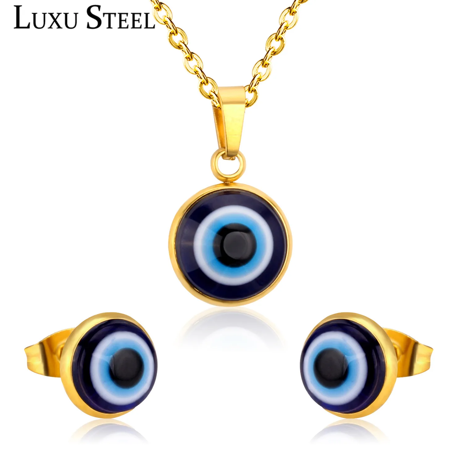 LUXUSTEEL Women Earring And Necklace Sets Stainless Steel Lucky Blue Eyes Pendant Necklace Earring Dubai Gold Jewellery Set Gift
LUXUSTEEL Women Earring And Necklace Sets Stainless Steel Lucky Blue Eyes Pendant Necklace Earring Dubai Gold Jewellery Set Gift