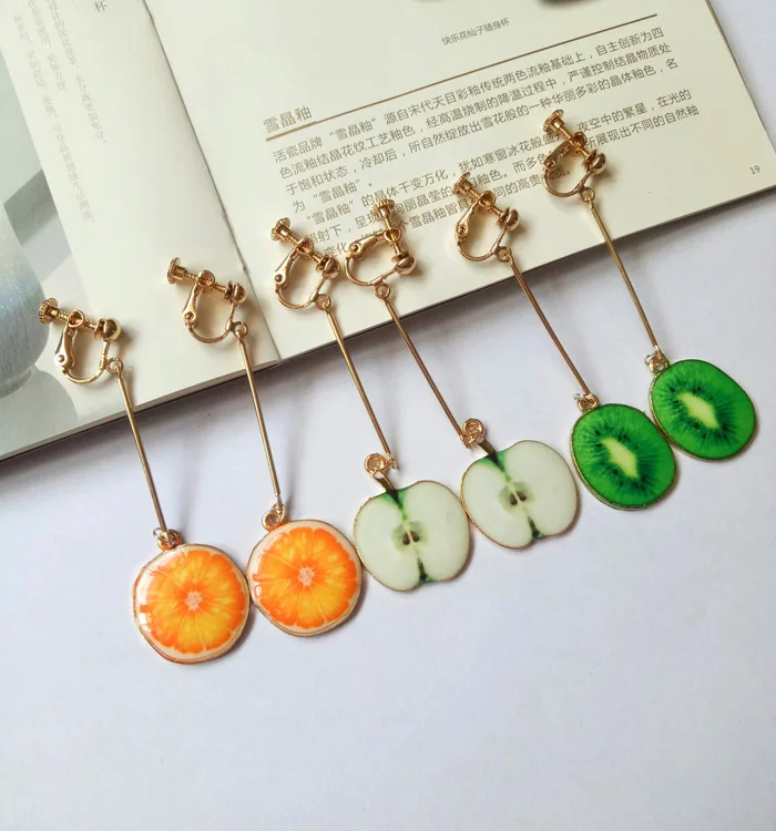 New Summer Lovely Fruit Orange Kiwi Apple Clip On Earrings Without Piercing For Girl'S Fashion Enamel Earrings Bijouterie 9 Aeproduct.getsubject()