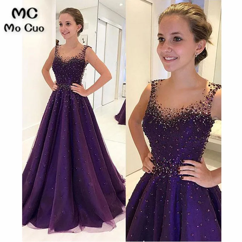 Purple Cute Round Neck Tulle and Satin Beads Long Prom Dress, Purple Evening Dress