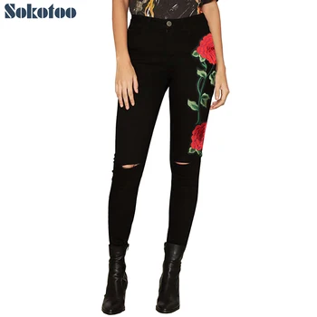 Sokotoo Women's red flower embroidery high waist black jeans Slim skinny knees holes embroidered stretch denim pencil pants
Sokotoo Women's red flower embroidery high waist black jeans Slim skinny knees holes embroidered stretch denim pencil pants