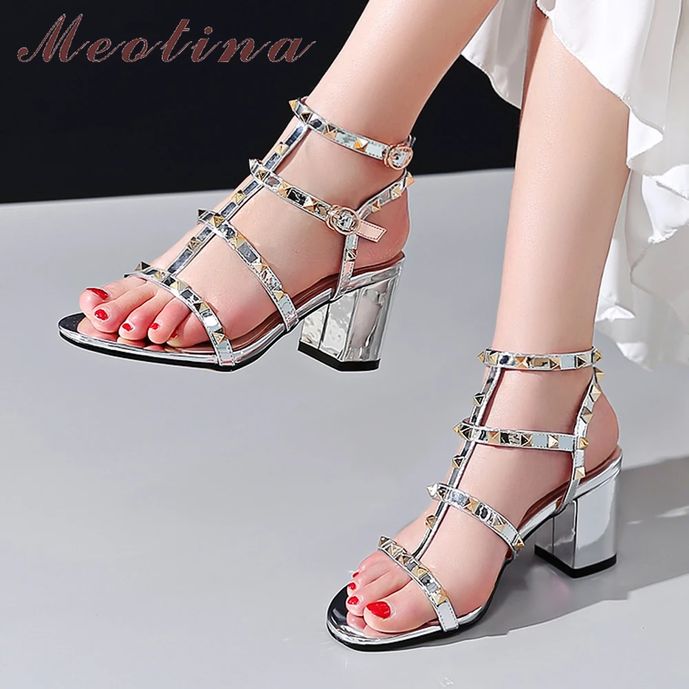 Meotina Summer Shoes Women Gladiator Sandals Patent Leather Thick High Heels T-Strap Shoes Rivets Open Toe Sandals Lady Size 43
Meotina Summer Shoes Women Gladiator Sandals Patent Leather Thick High Heels T-Strap Shoes Rivets Open Toe Sandals Lady Size 43
