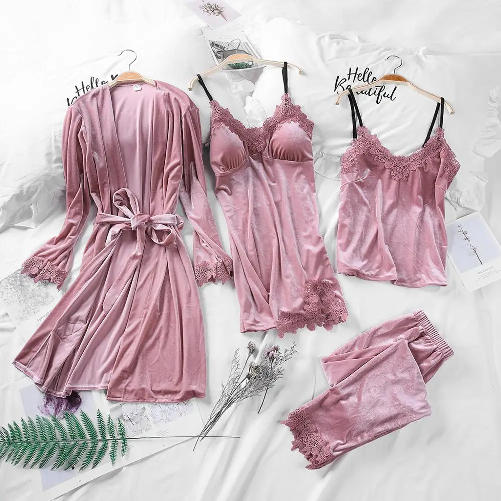 Gold Velvet Women's Bathrobe Pink 4 Pieces Set Sexy Nightgrown Women Pajamas Sets Lace Patchwork Home Clothes Spring Nightie
Gold Velvet Women's Bathrobe Pink 4 Pieces Set Sexy Nightgrown Women Pajamas Sets Lace Patchwork Home Clothes Spring Nightie