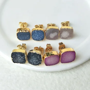 4 pair Mixed Color 10mm square Druzy drusy Stone Gold color Natural crystal druse Titanium Stud Earrings ER75 
4 pair Mixed Color 10mm square Druzy drusy Stone Gold color Natural crystal druse Titanium Stud Earrings ER75