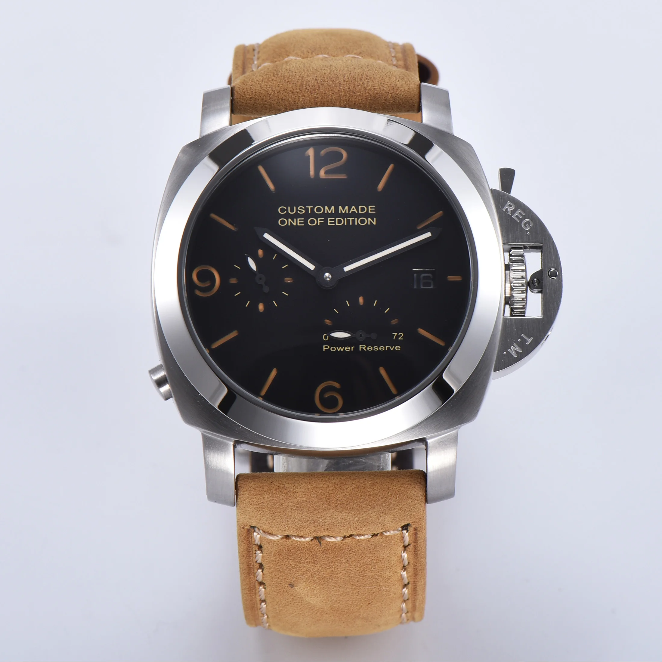 watch Power reserve Automatic 44mm military movement luminous pointer calendar silver 316L stainless steel case S31
watch Power reserve Automatic 44mm military movement luminous pointer calendar silver 316L stainless steel case S31