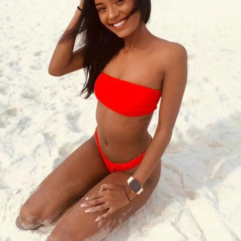 high cut ribbed bandeau bikini set