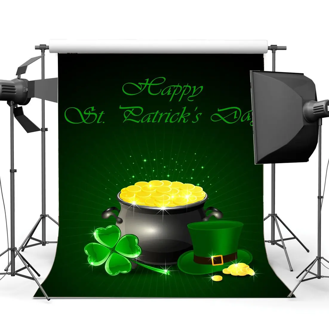 

Happy St.Patrick's Day Backdrop Lucky Irish Shamrock Green Four-leaf Clover Leprechaun's Hat Background