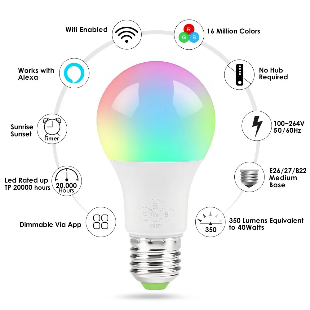 Timethinker WiFi Smart Light RGBW E27 Bulb LED Lamp Multicolor Dimmable 6.5W/4.5W Lights Compatible with Alexa Google Assistant
Timethinker WiFi Smart Light RGBW E27 Bulb LED Lamp Multicolor Dimmable 6.5W/4.5W Lights Compatible with Alexa Google Assistant