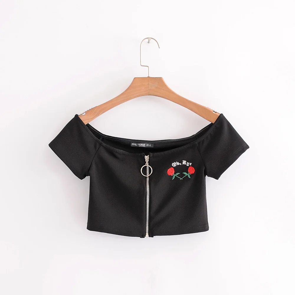 

2018 women black short tops floral embroidery tanks Slash neck Camis Red Rose sexy front zipper tank SML drop shipping
