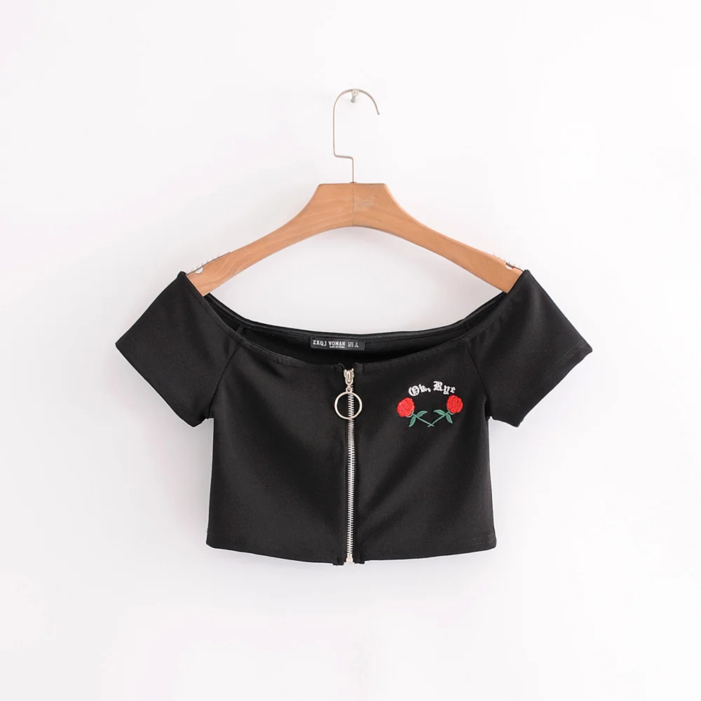 2018 women black short tops floral embroidery tanks Slash neck Camis Red Rose sexy front zipper tank SML drop shipping
2018 women black short tops floral embroidery tanks Slash neck Camis Red Rose sexy front zipper tank SML drop shipping