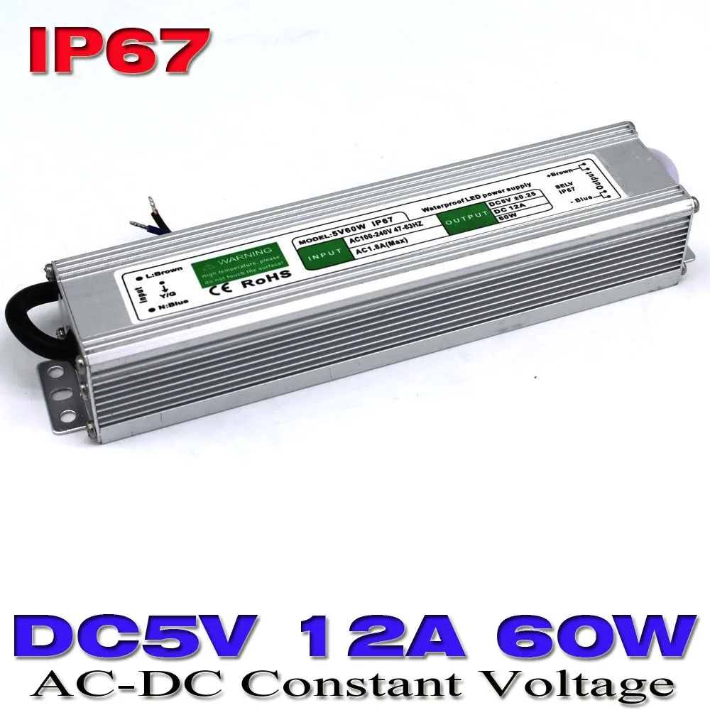Single Output Waterproof IP67 Switching Power Supply DC 5v 12A 60W Transformer 100-240V AC to DC5V Power Driver for Led Strip
Single Output Waterproof IP67 Switching Power Supply DC 5v 12A 60W Transformer 100-240V AC to DC5V Power Driver for Led Strip
